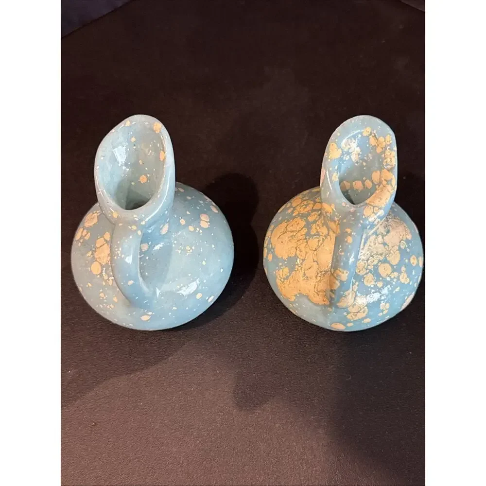 Pair Vintage Mini Blue Pottery Pitchers Cream Speckled Glaze Bud Vases 2.5”